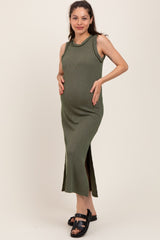 Olive Ribbed Sleeveless Side Slit Maternity Midi Dress