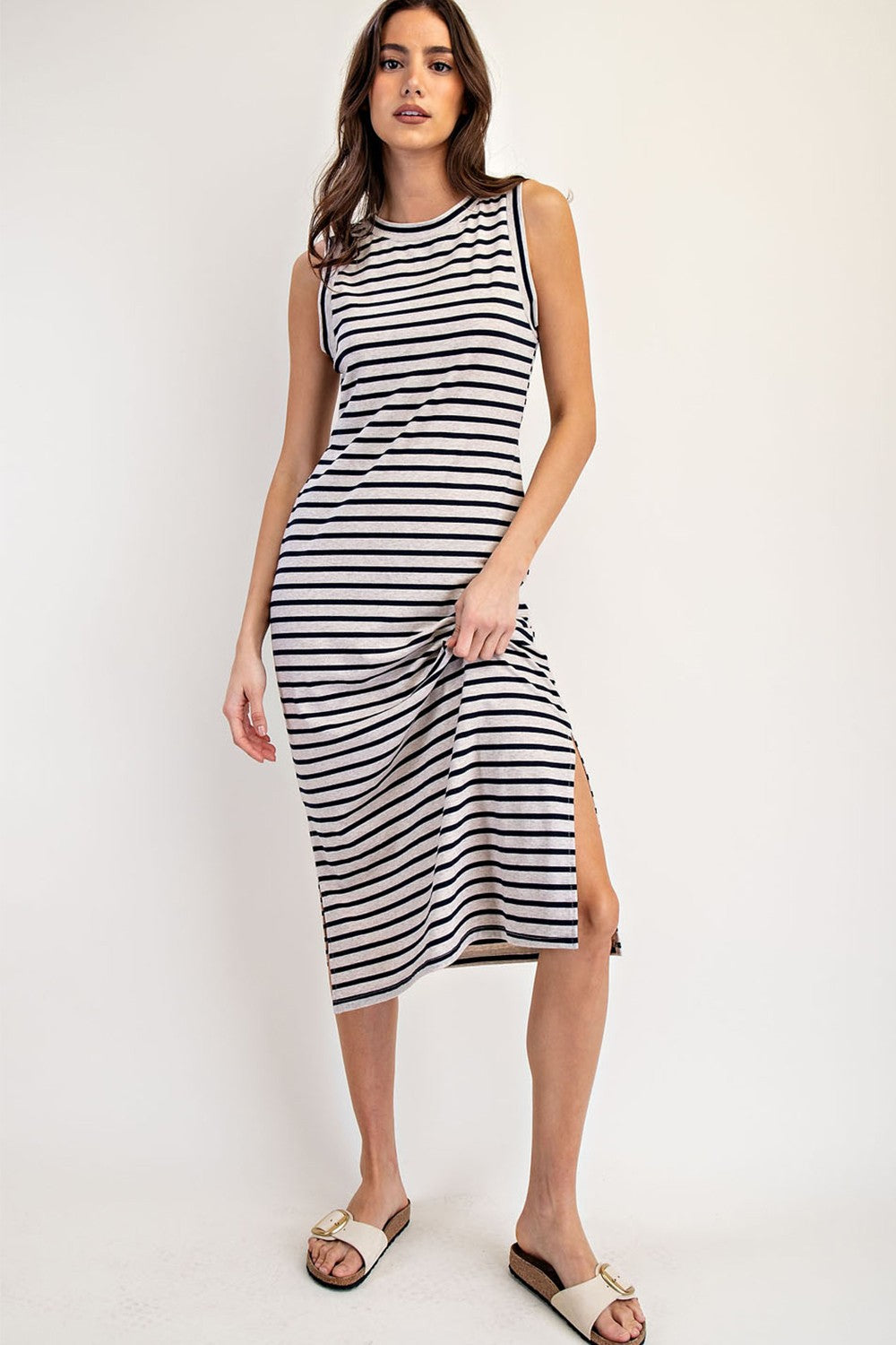 Beige Striped Sleeveless Side Slit Midi Dress