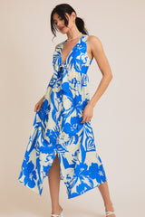 Blue Tropical Print Front Tie Sleeveless Button Up Dress