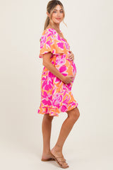 Orange Abstract Floral Cinch Bust Maternity Dress