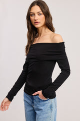 Black Off Shoulder Foldover Long Sleeve Top