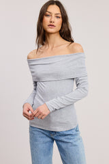 Heather Grey Off Shoulder Foldover Long Sleeve Top