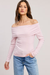 Pink Off Shoulder Foldover Maternity Long Sleeve Top