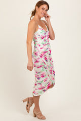 Fuchsia Floral Ruched Tulip Hem Midi Dress