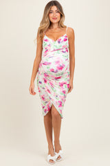 Fuchsia Floral Ruched Tulip Hem Maternity Midi Dress