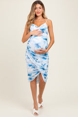 Blue Floral Ruched Tulip Hem Maternity Midi Dress