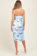 Blue Floral Ruched Tulip Hem Maternity Midi Dress
