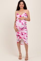 Pink Floral Ruched Tulip Hem Maternity Midi Dress