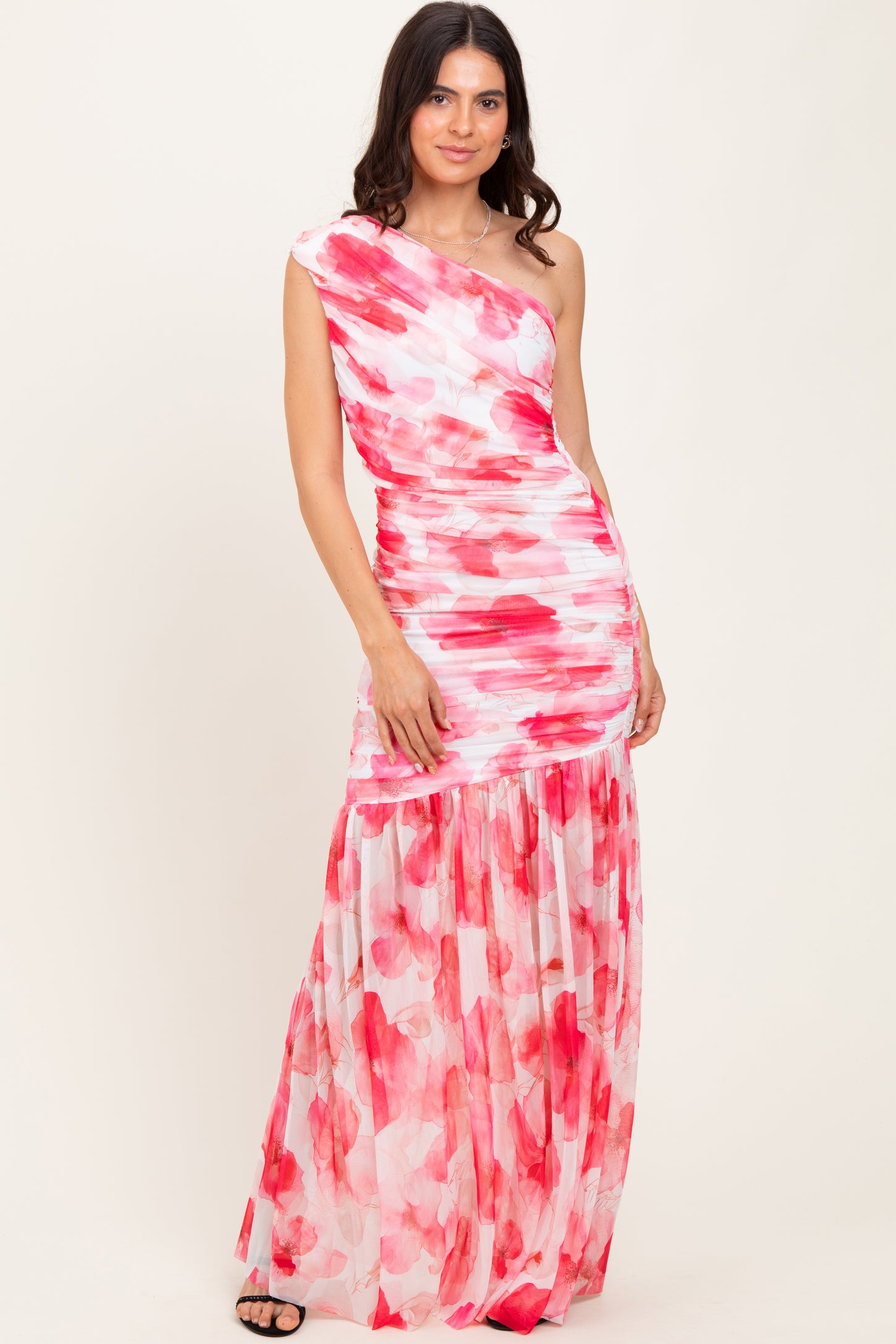 Fuchsia Floral Ruched Mesh One Shoulder Maternity Maxi Dress