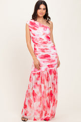 Fuchsia Floral Ruched Mesh One Shoulder Maternity Maxi Dress