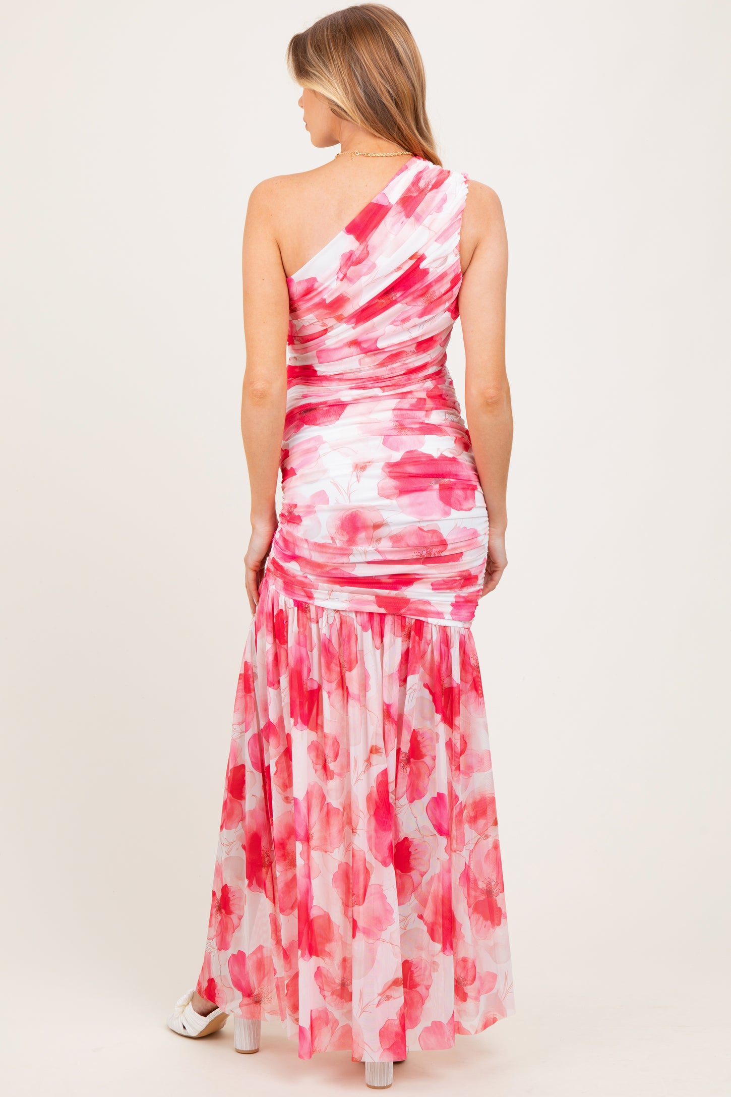 Fuchsia Floral Ruched Mesh One Shoulder Maternity Maxi Dress