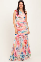 Multicolor Floral Ruched Mesh One Shoulder Maxi Dress