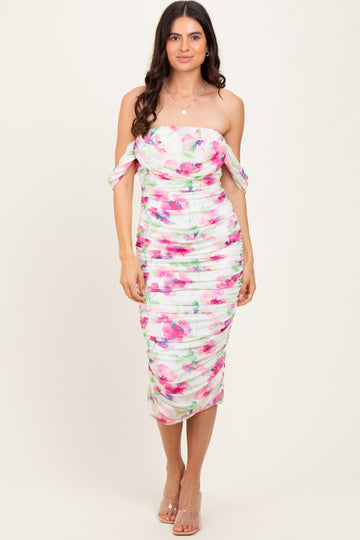 Fuchsia Floral Off Shoulder Ruched Mesh Midi Dress