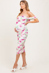 Fuchsia Floral Off Shoulder Ruched Mesh Maternity Midi Dress