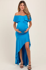 Blue Off Shoulder Ruffle Hi-Low Maternity Maxi Dress