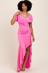 Fuchsia Off Shoulder Ruffle Hi-Low Maternity Maxi Dress