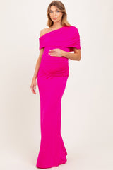 Pink Off Shoulder Foldover Ruched Maternity Maxi Dress