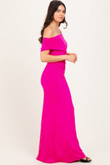 Pink Off Shoulder Foldover Ruched Maxi Dress