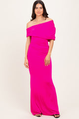 Pink Off Shoulder Foldover Ruched Maternity Maxi Dress