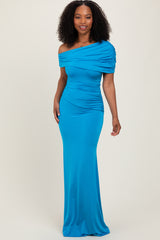 Blue Off Shoulder Foldover Ruched Maxi Dress