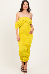 Lime Off Shoulder Draped Ruched Midi Dress