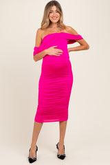 Fuchsia Off Shoulder Draped Ruched Maternity Midi Dress