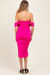 Fuchsia Off Shoulder Draped Ruched Maternity Midi Dress