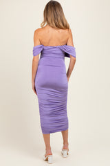 Lavender Off Shoulder Draped Ruched Maternity Midi Dress