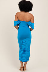 Blue Off Shoulder Draped Ruched Midi Dress
