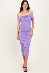 Lavender Knotted Off Shoulder Ruched Midi Dress