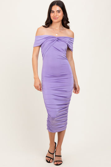 Lavender Knotted Off Shoulder Ruched Midi Dress