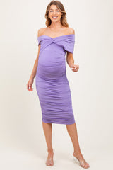 Lavender Knotted Off Shoulder Ruched Maternity Midi Dress