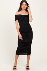 Black Knotted Off Shoulder Ruched Midi Dress