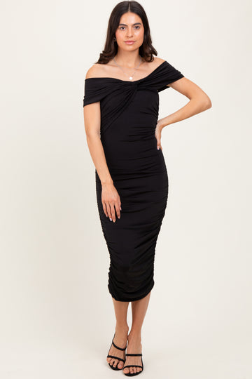 Black Knotted Off Shoulder Ruched Midi Dress