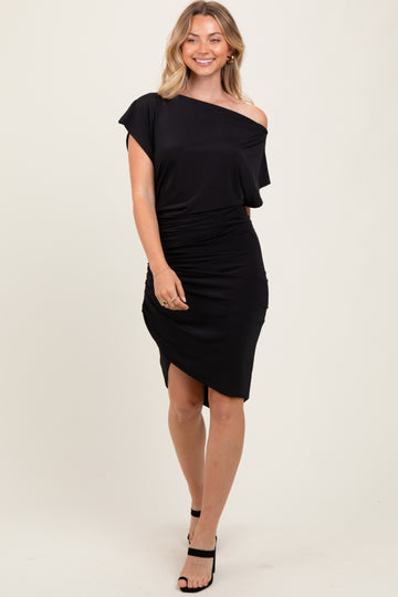 Black One Shoulder Ruched Dress