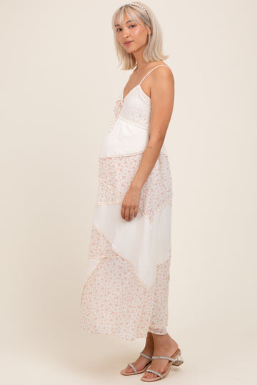 Cream Floral Sweetheart Neck Maternity Midi Dress