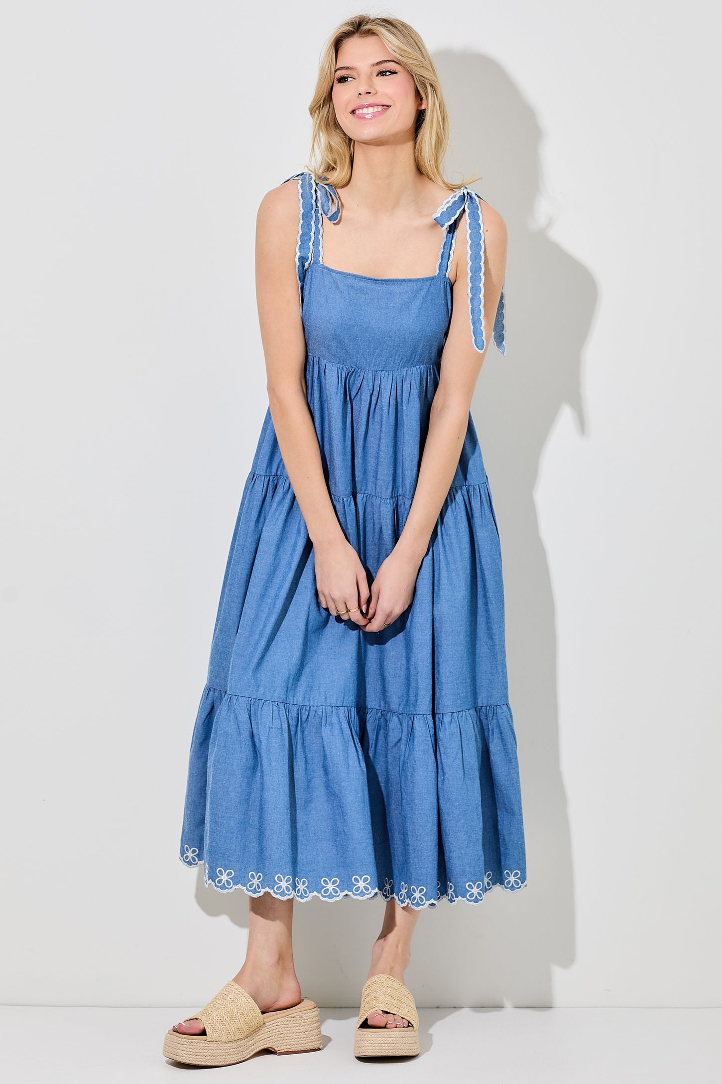 Denim Tiered Midi Dress