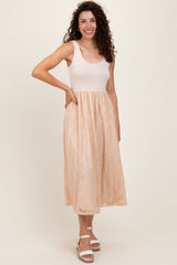 Beige Solid Tank Top Lace Skirt Maternity Midi Dress