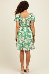 Light Olive Floral Smocked Puff Sleeve Maternity Dress