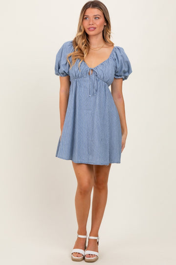 Blue Striped Chambray Front Tie Mini Dress