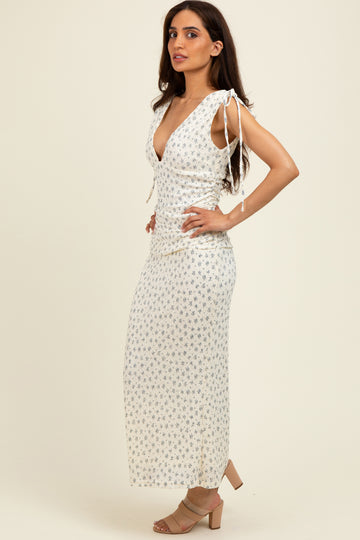 Cream Floral V-Neck Shoulder Tie Midi Dress