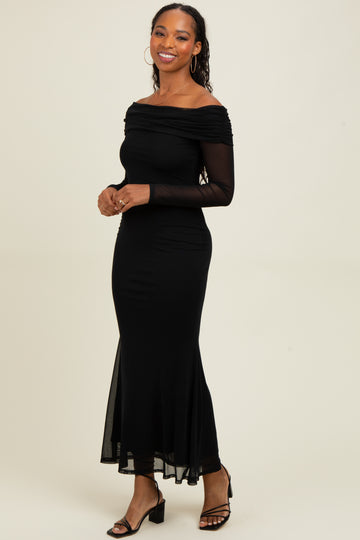 Black Mesh Overlay Off Shoulder Long Sleeve Midi Dress