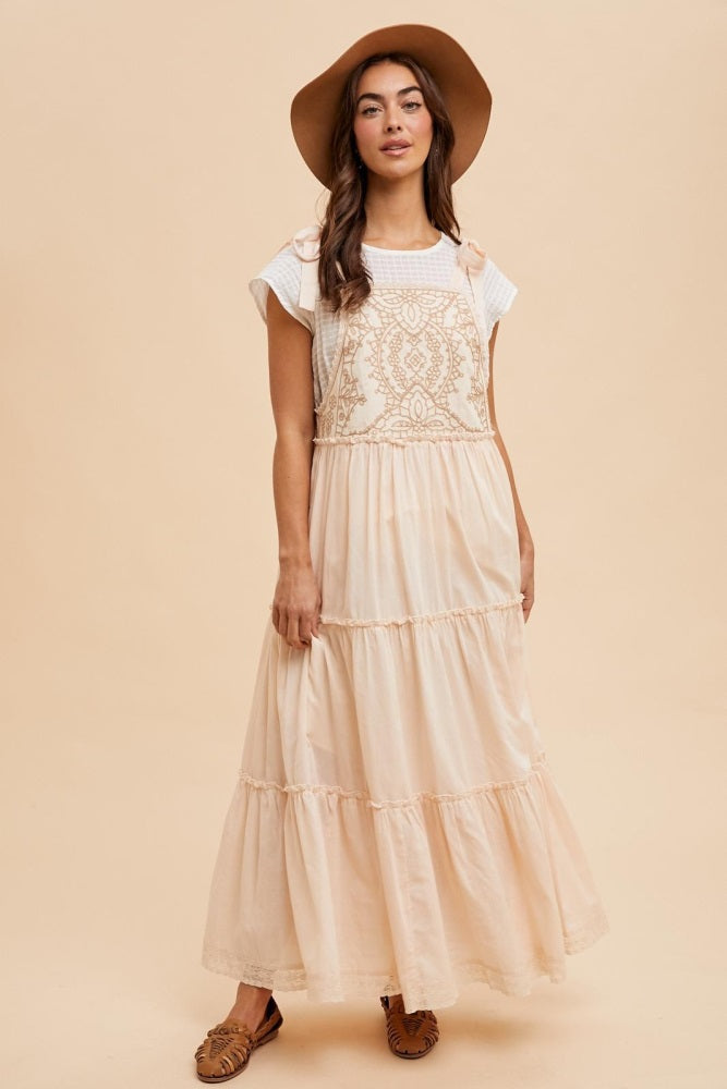 Cream Embroidered Ruffle Tiered Apron Dress