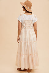 Cream Embroidered Ruffle Tiered Apron Dress