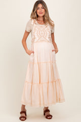 Cream Embroidered Ruffle Tiered Apron Maternity Dress