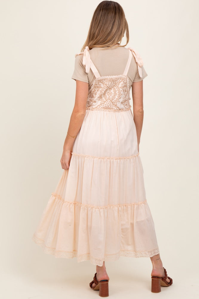 Cream Embroidered Ruffle Tiered Apron Maternity Dress