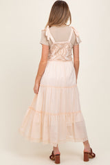 Cream Embroidered Ruffle Tiered Apron Maternity Dress