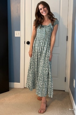 Light Olive Floral Smocked Ruffle Detail Midi Dress