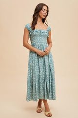 Light Olive Floral Smocked Ruffle Detail Midi Dress