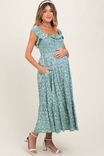 Light Olive Floral Smocked Ruffle Detail Maternity Midi Dress